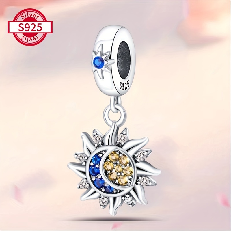 

925 Sterling Silver Charm Pendant With Blue And Yellow Crystals, Compatible With Jewelry Chains, Ideal Gift For Women, Family, Friends, And