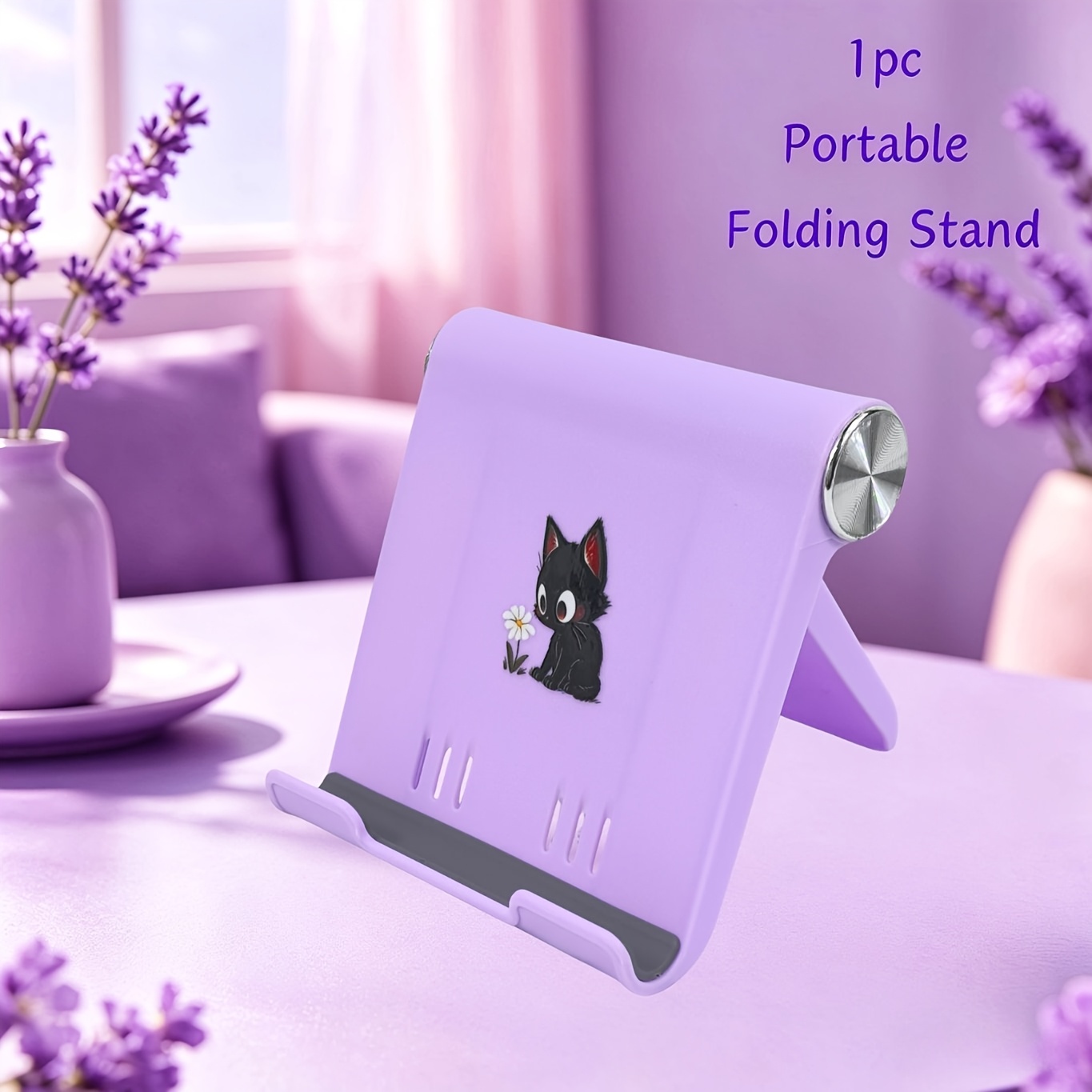 TEMU 1pc Cute Black Cat Flower Patterns Portable Folding Stand, Perfect For Phones And Tablets, Ideal For Home Office Or Travel