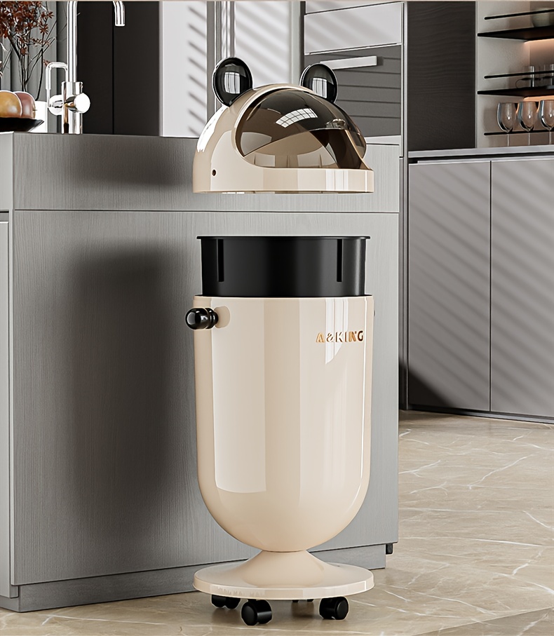 [Heavy-Duty Plastic Trash Can] Modern Heavy-Duty Plastic Trash Can with Wheels & Height-Adjustable Legs - Large-Capacity Cylindrical Bin, Golden/Black/Beige/White/Gray/Black Designs, Manual Operation for Home, Office, Living Room, Kitchen, Bedroom - Space-Saving Mobility Bin, No Electricity Required, Ergonomic Flip Lid for Easy Disposal, Durable Plastic Construction, Ideal for Large Spaces, Narrow Trash Can, Double Garbage Can for Kitchen, Wall Mounted Rubbish Bin, Outdoor Garbage Bin