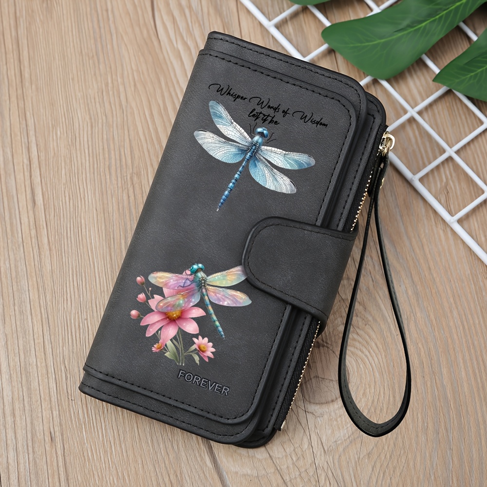 TEMU Women's Vintage Wallet With Beautiful Dragonfly And Floral Print Design, Multi-zipper Compartment Wallet With Credit Card Holder And Secure Coin