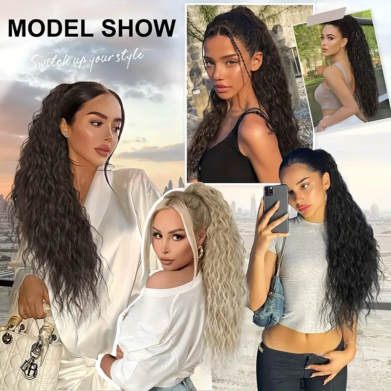 18 deep wave corn clip in ponytail extension for women high temperature synthetic hairpiece with drawstring layered wavy afro for daily wear parties hair accessories details 4