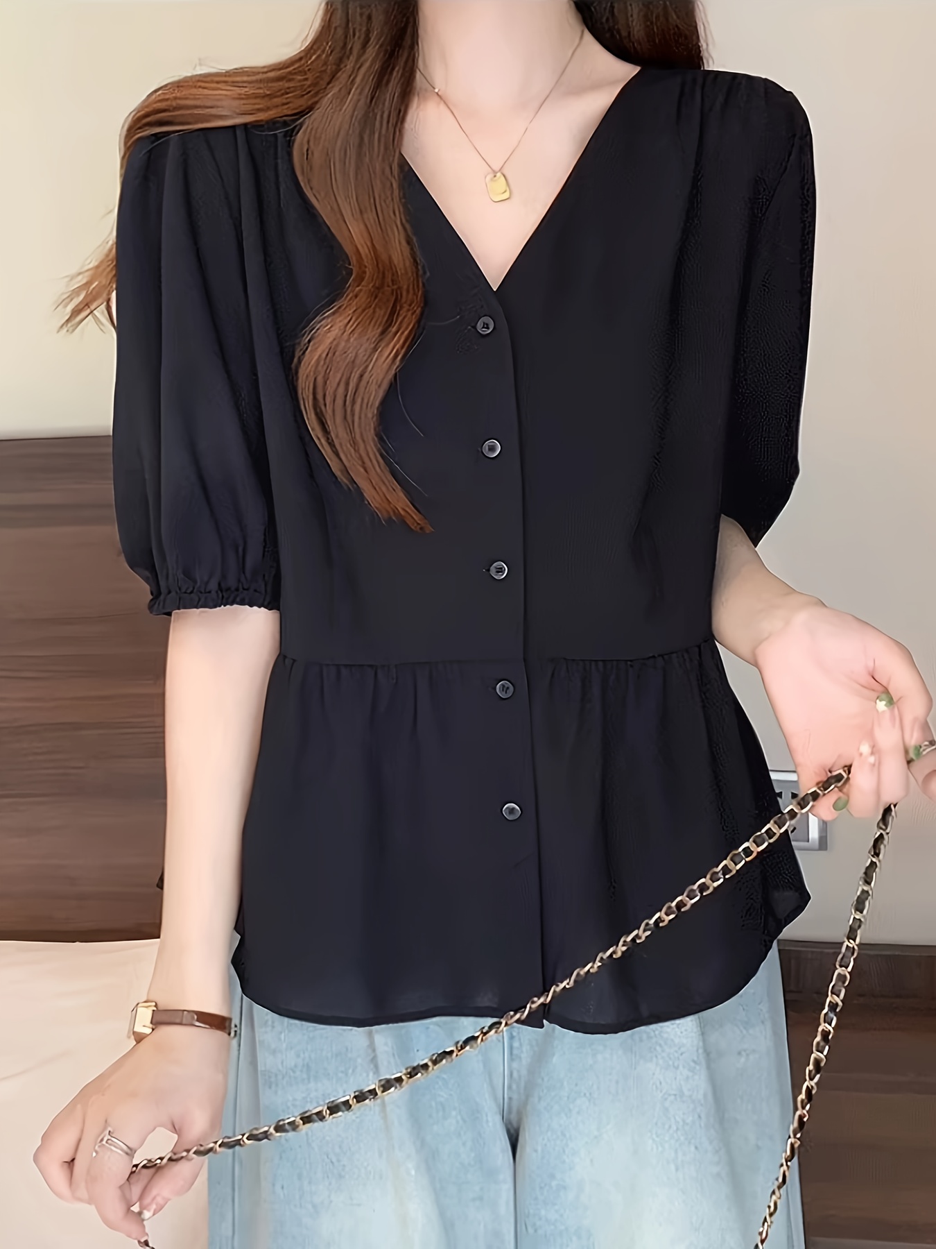 ✨美品✨PEPLUM SHIRT TEE TOP Defal Women Summer Causal Short Sleeve Flare Swing Top T