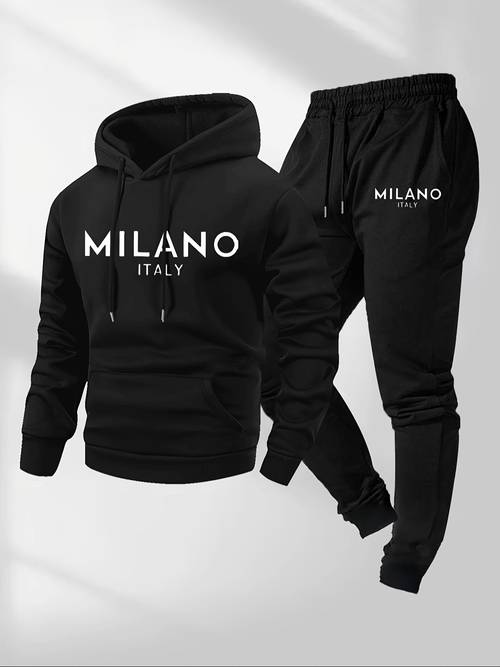 item picture mens casual 2pcs set with letter pattern print drawstring pocket hoodie and drawstring outdoor casual sports long pants set 2pcs