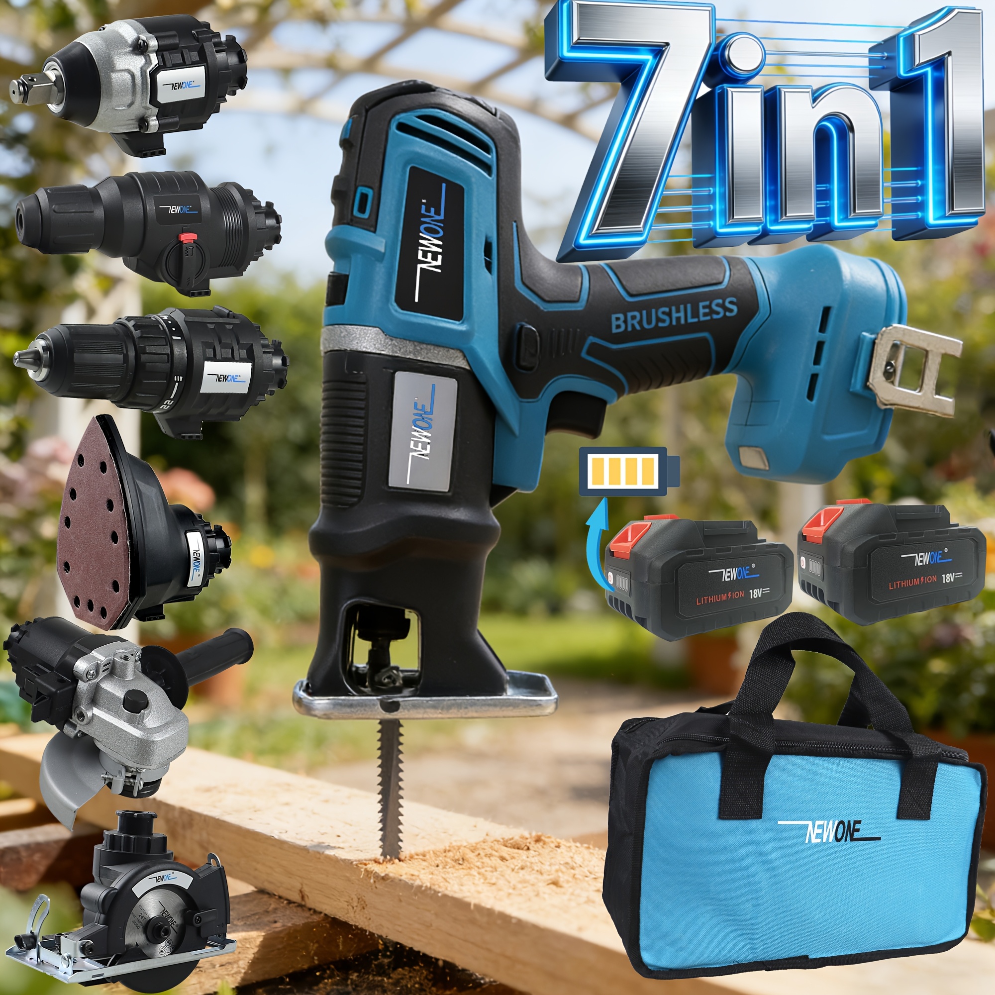 Image of 7-in-1 Brushless Multifunctional Power Tool Set With 7 Additions: Jigsaw, Wrench, Drill, Hammer, Circular Saw, Angle Grinder, Sander. Cloth Bag Provided. Battery Powered Cordless Tools