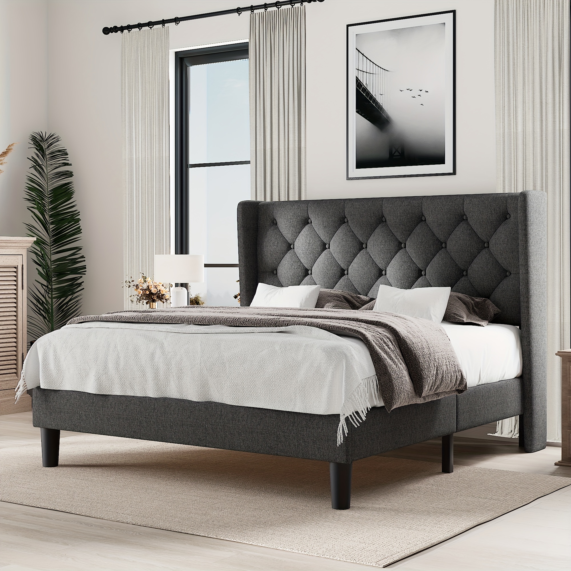

Full Size Bed Frame With Upholstered Wingback Headboard, Wooden And Metal Platform Bed, 8" Under Bed Storage, High-density Sponge, No Box Spring Needed, Noise-free, Dark Grey