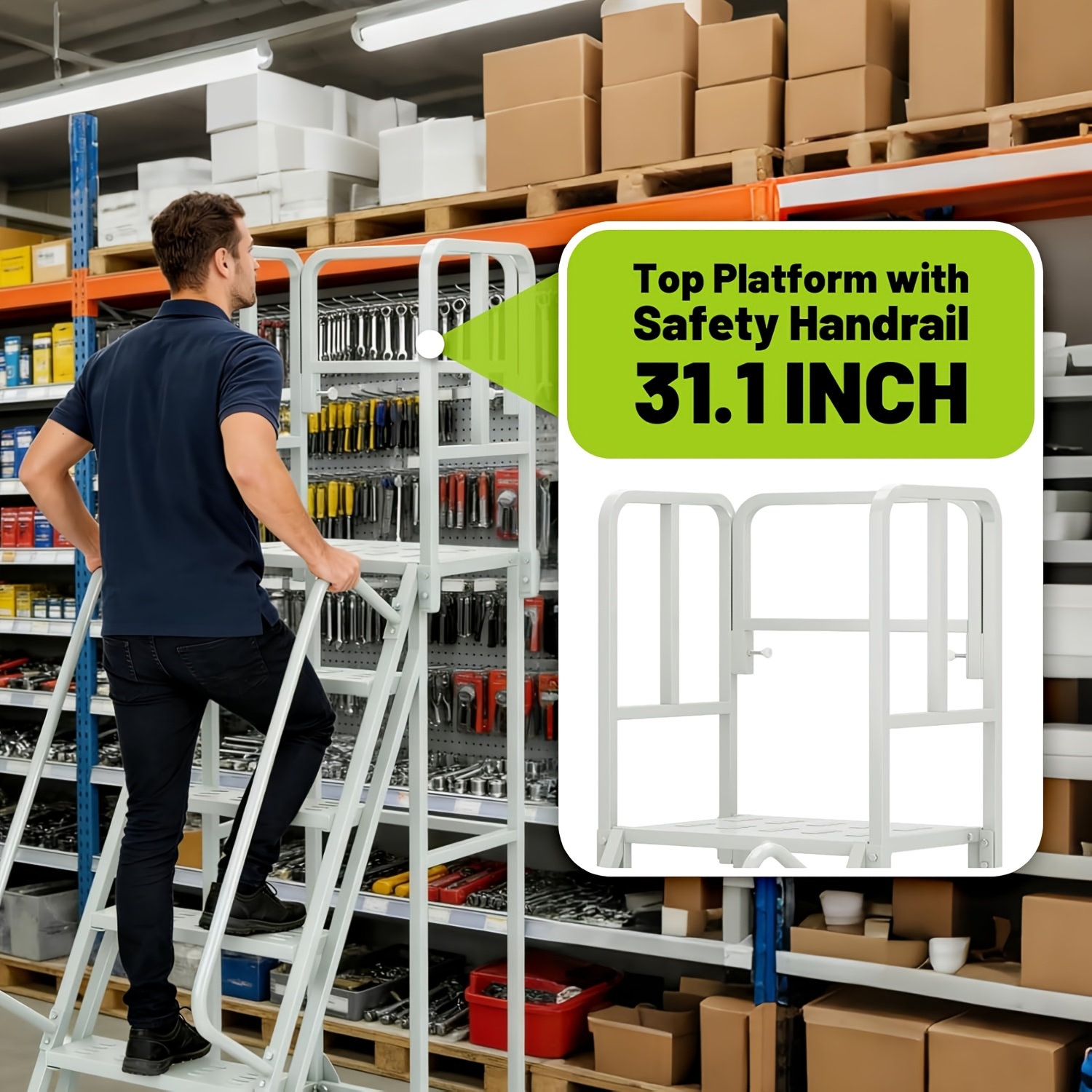 a 6 step rolling ladder measuring 24 inches wide and 90 inches high featuring dual handrails and lockable wheels   of supporting up to 1200   this heavy duty mobile   is ideal for use in   supermarkets Product details 6