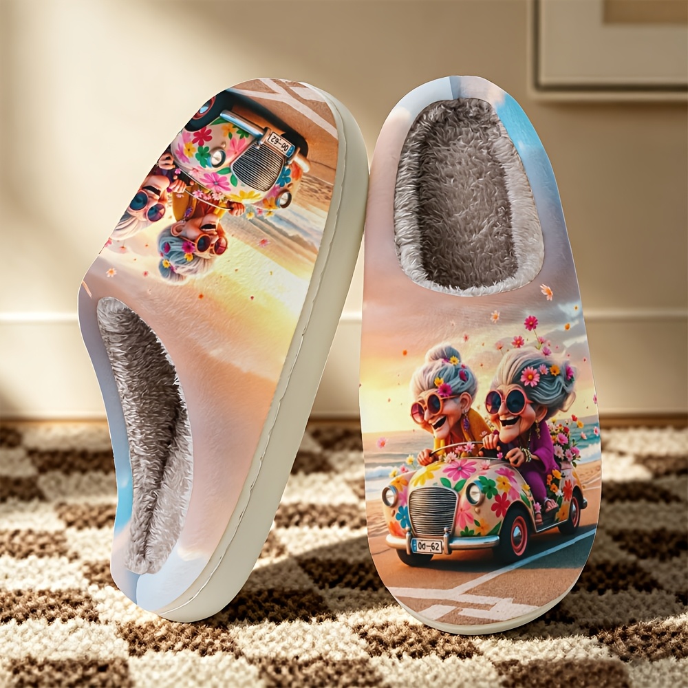 TEMU Fluffy Printed House Slippers For Women And Men, Soft And Comfortable Casual Shoes Indoor Slippers With Plush Lining, Gifts For Family/