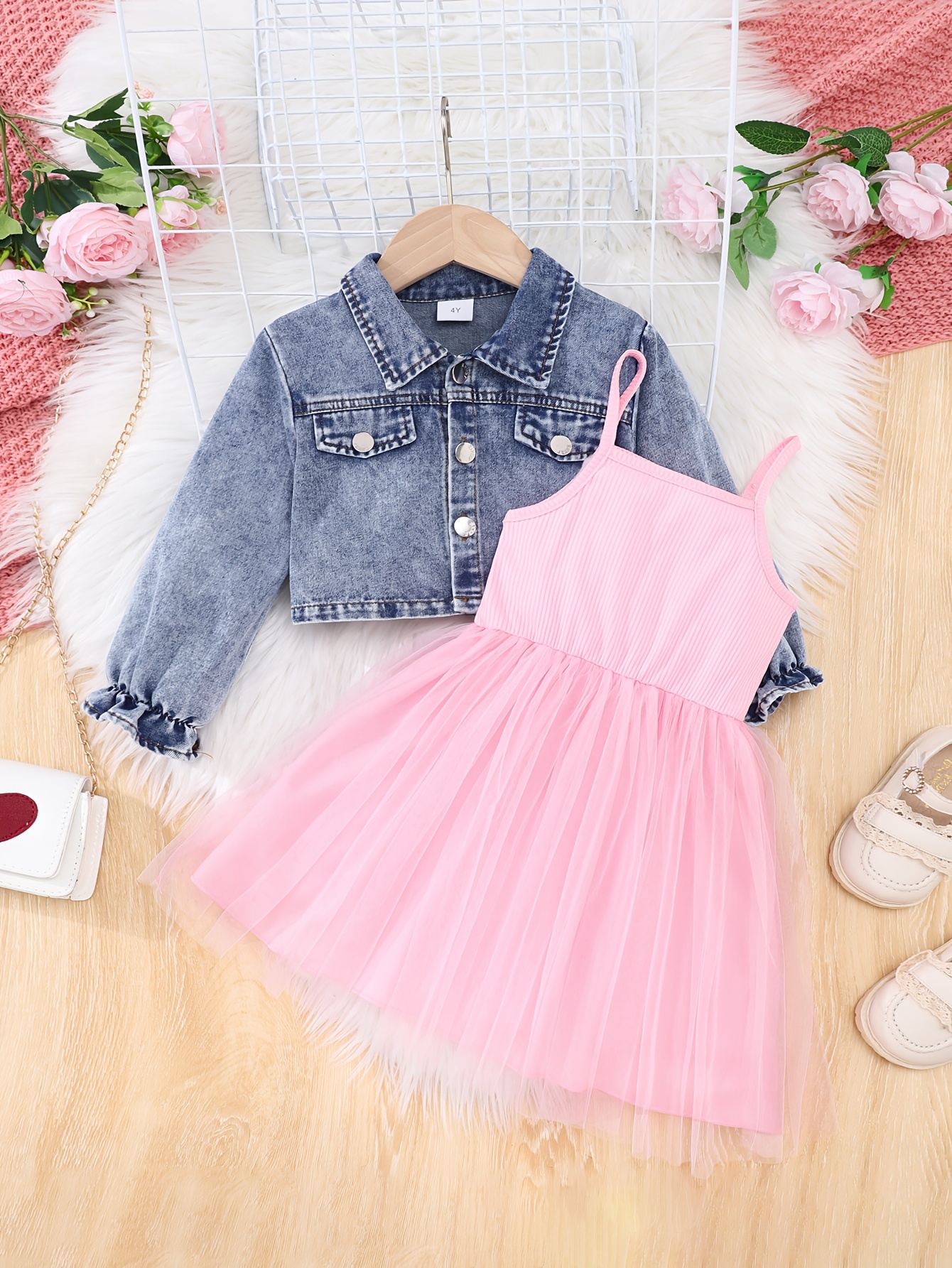 Girls' Casual Denim Two-Piece Outfit Light *-Up Shirt Tulle Skirt  with Hem, Long Sleeves, and Front Pockets Sp