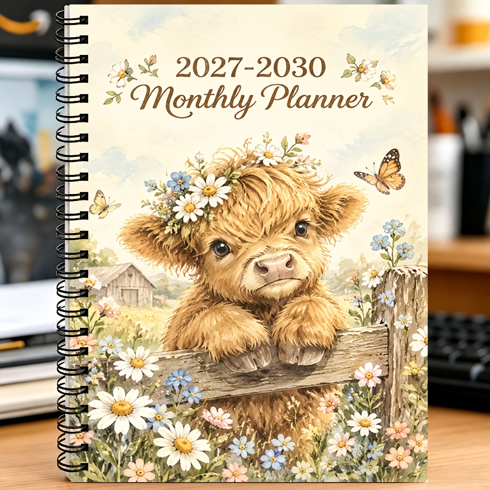 TEMU 2027 2030 Monthly Planner Spiral Notebook Floral Highland Cow Design 4 Year Agenda Organizer For Office Work Home Planning And Daily Schedule