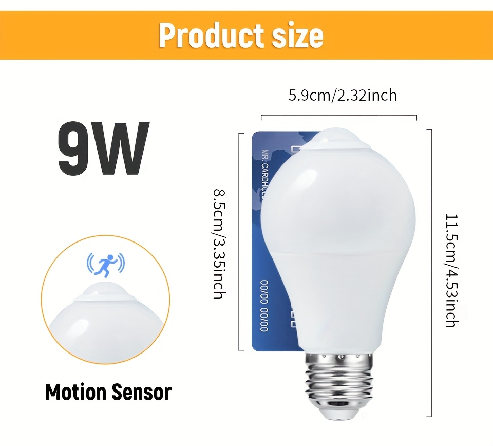 Zestaw 4 Sztuk Żarówek z Czujnikiem Ruchu, Automatyczne Włączanie od Zmierzchu do Świtu, Łatwa Instalacja, 9W AC175-265V, Nocna Lampa do Wnętrz, Idealne na Balkon i Łazienkę jako Zamiennik Żarówki Szklanej