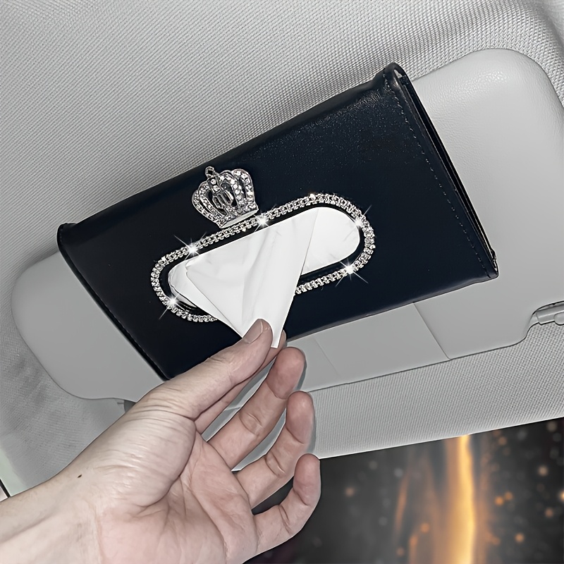TEMU Sparkling Rhinestone Crown Car Tissue Box, Faux Leather Hanging Napkin Box, Car Interior Decoration Additions