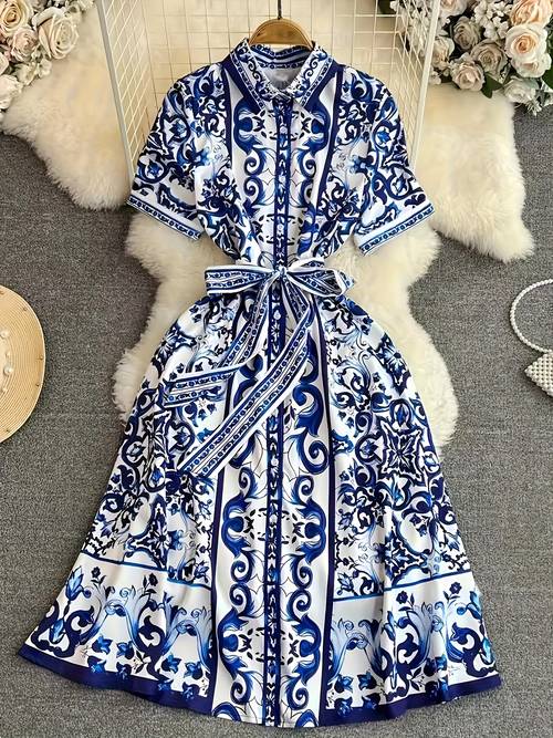 elegant blue and white floral print midi dress for women short sleeve button up cinched waist flowing a line skirt or casual floral dress