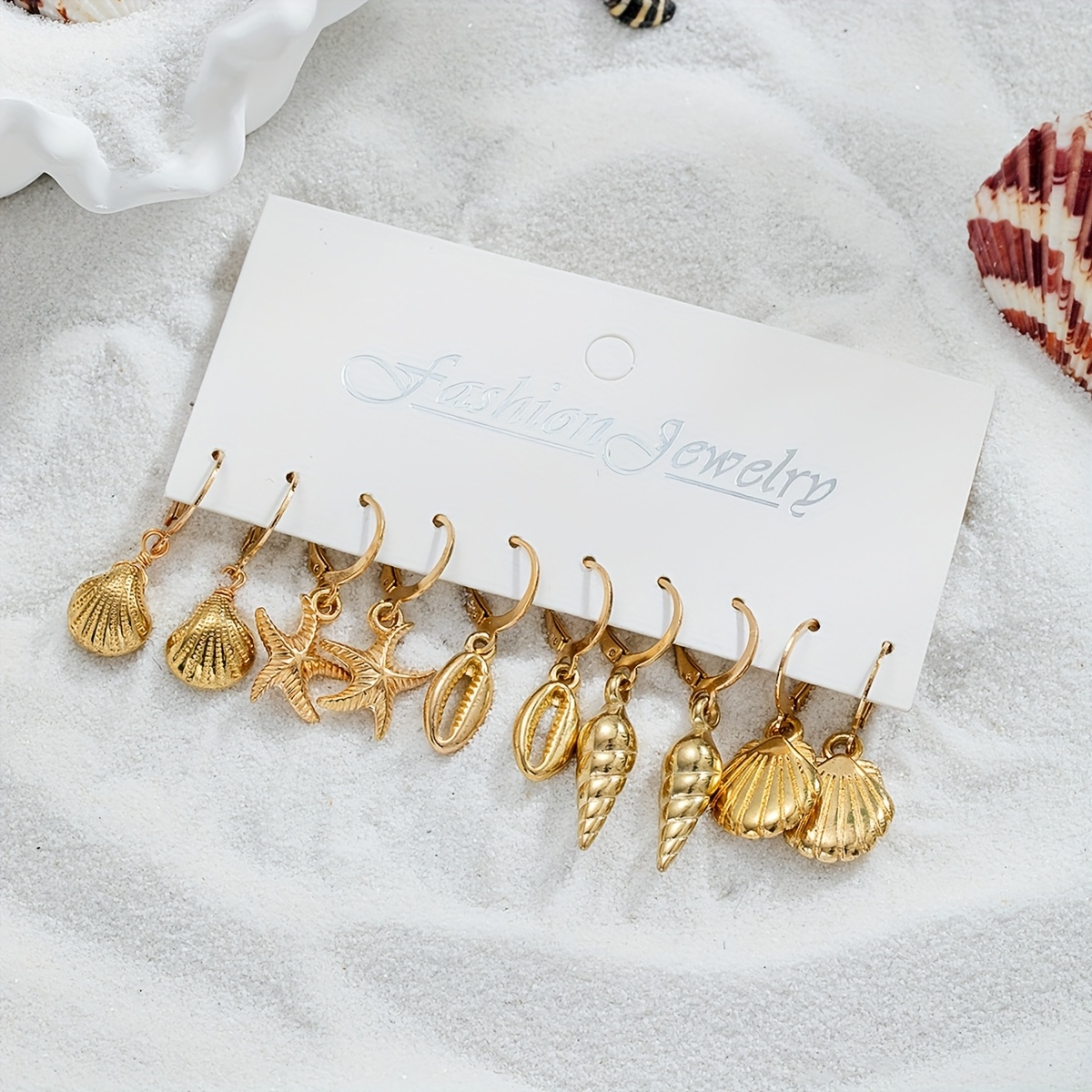 E-shop 5 Paar Bohemian Style Goldene Seestern Muschel Anhänger Ohrringe Set Sommer Freizeit Ohr Schmuck Geeignet für den täglichen Gebrauch