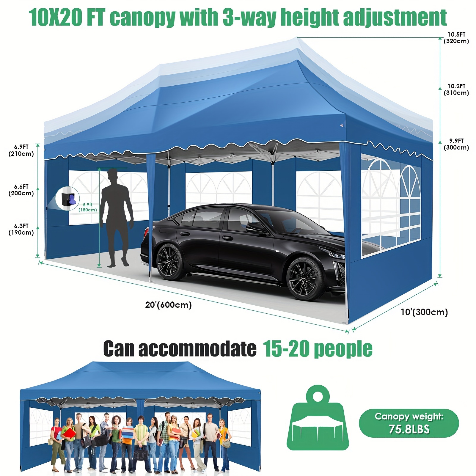 

Tooluck 10×20ft Pop-up With Side Panels Is Equipped With A Wheeled Bag And 4 Weight Bags, Suitable For Outdoor Events, Uv-resistant, Easy To Carry, Windproof And Waterproof, Parties And Gatherings