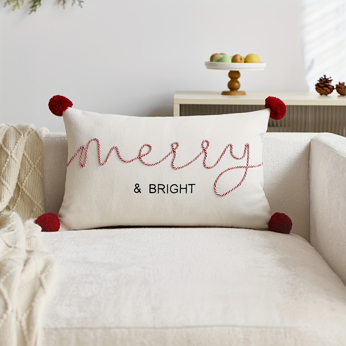 Image of 1pc Letter Embroidered Pillow Cover For Christmas, Suitable For Indoor Decoration, Christmas Polyester Ball Decorative Pillow Cover, Insert Not Included