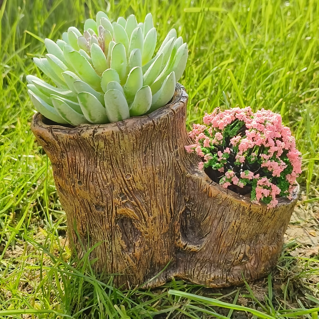 

Resin Tree Stump Planter, Vintage Style Decorative Garden Pot, Outdoor Simulated Wood Log Flower Container, For And Lawn Display