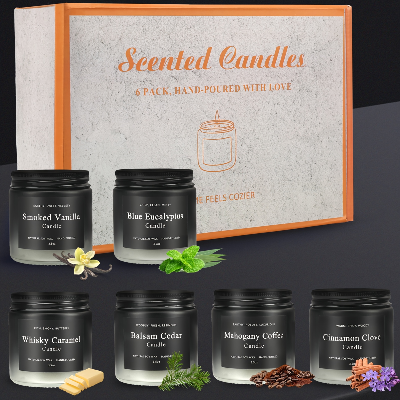 TEMU 6-pack Men's Scented Candles Set, 21 Oz Soy Candle, 300 Hours , Great Candle Gift For Men, 6 Scents Of Smoked Vanilla/whisky Caramel/blue