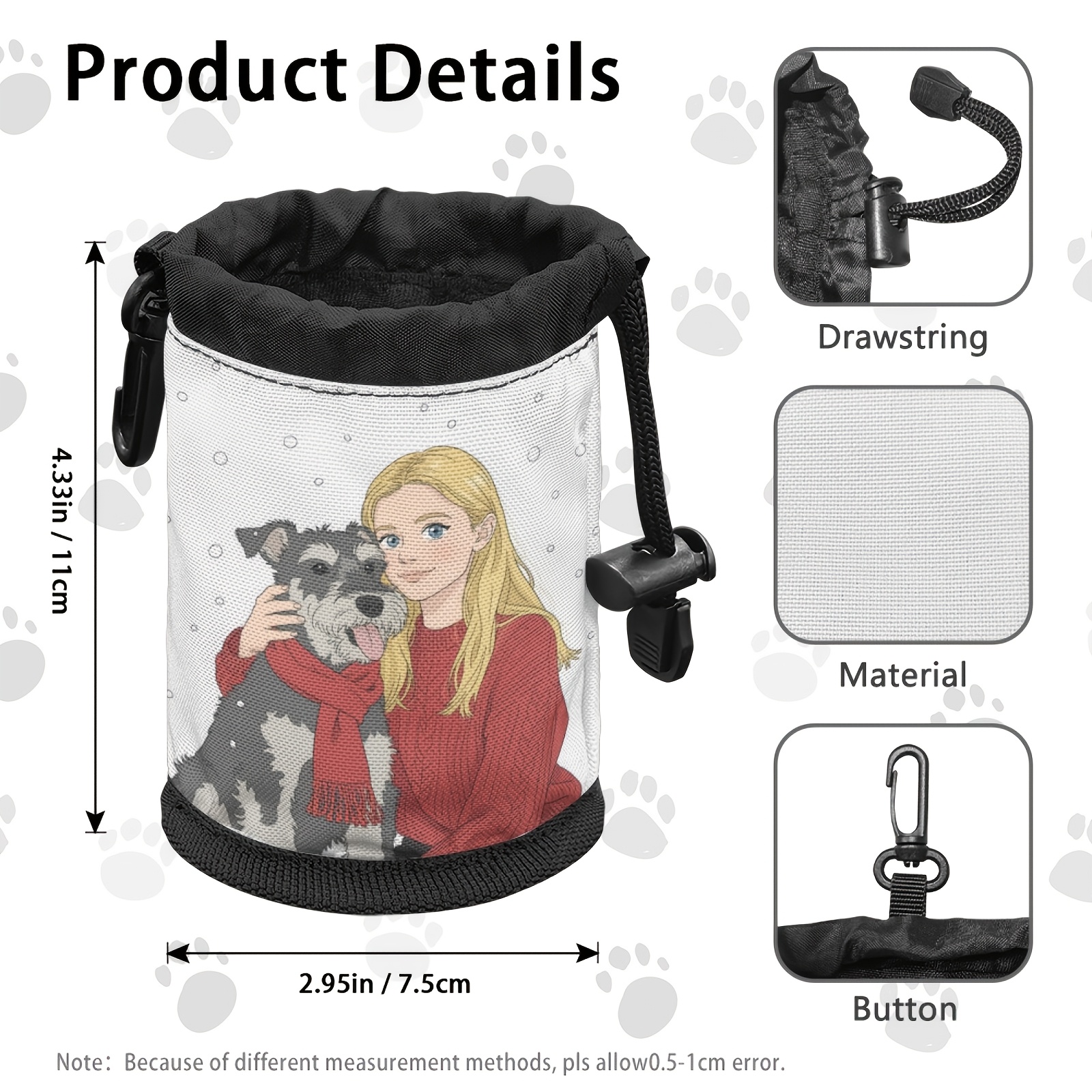 E-shop Personalisiertes Foto/Text & Cartoon-Hundeleckerli-Beutel mit Zugband & Karabiner – Trainingsbeutel für Hunde, geeignet für Spaziergänge,