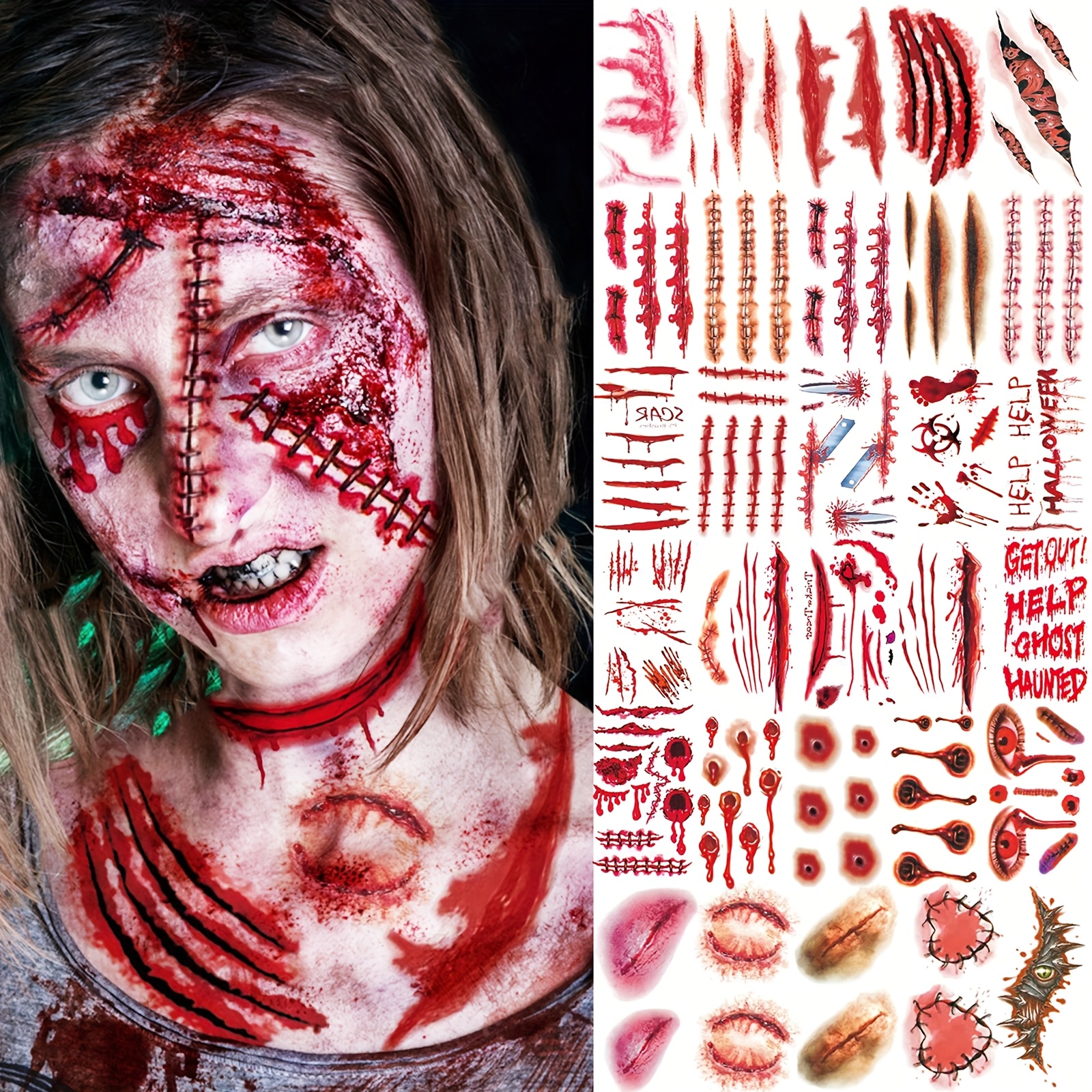 Tatouages Temporaires Halloween - 50 Feuilles De Cicatrices/Blessures Sanglantes - Maquillage Effrayant Zombie, Vampire - 13
