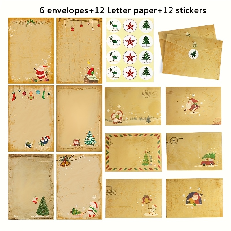 TEMU Ensemble de 30 enveloppes de Noël, 6 enveloppes -adhésives avec 12 feuilles de papier traditionnel vintage pour lettres de Noël et 12