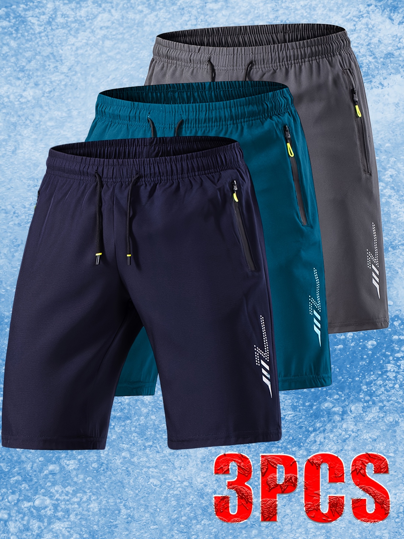 3pcs Men'S Ice Sliky Fiber Fabric Athletic Shorts - Soft Comfortable Fabric with Lightning Bolt Print, Elastic Waistband & Drawstring, Side Pockets, Lightweight Breathable Design for Summer, Travel, Gym, Casual Wear - Solid Color (, Dark, Teal)