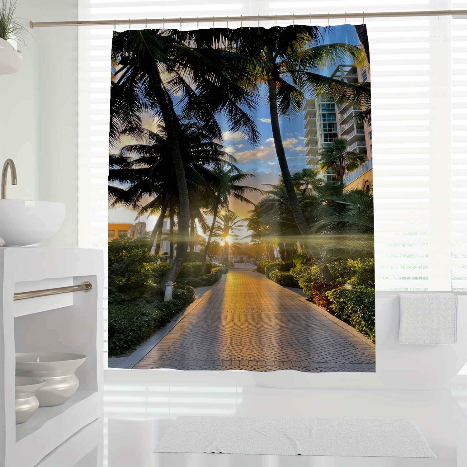 

1pc, Tropical Beach Sunset Shower Curtain, Modern Digital Print Bath Decor, Bathroom Accessories
