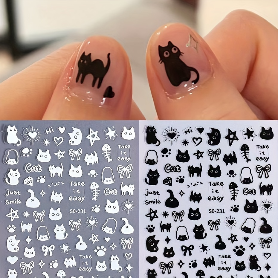 

2 Sheets Cute Cat Nail Art Stickers, Self-adhesive Heart Art Decals, Diy Nail Decorations, Nail Supplies For Women And Girls