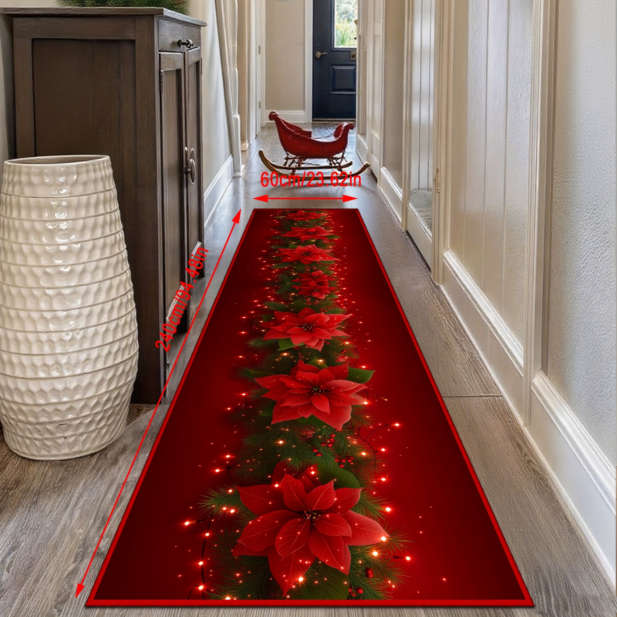 TEMU 1pc Of Christmas-themed Classic Poinsettia Long Rug For The Living Room, Machine-washable Bedroom Mat, Laundry Room Rug, Ideal For Indoor Study