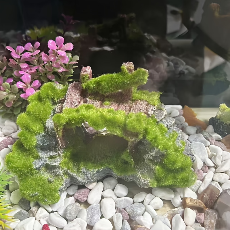 TEMU 1 Moss Bridge With Fish Cave Decoration - Durable Abs Resin Artificial Rock, With Natural Moss, Suitable For Aquariums, Turtle , And Water