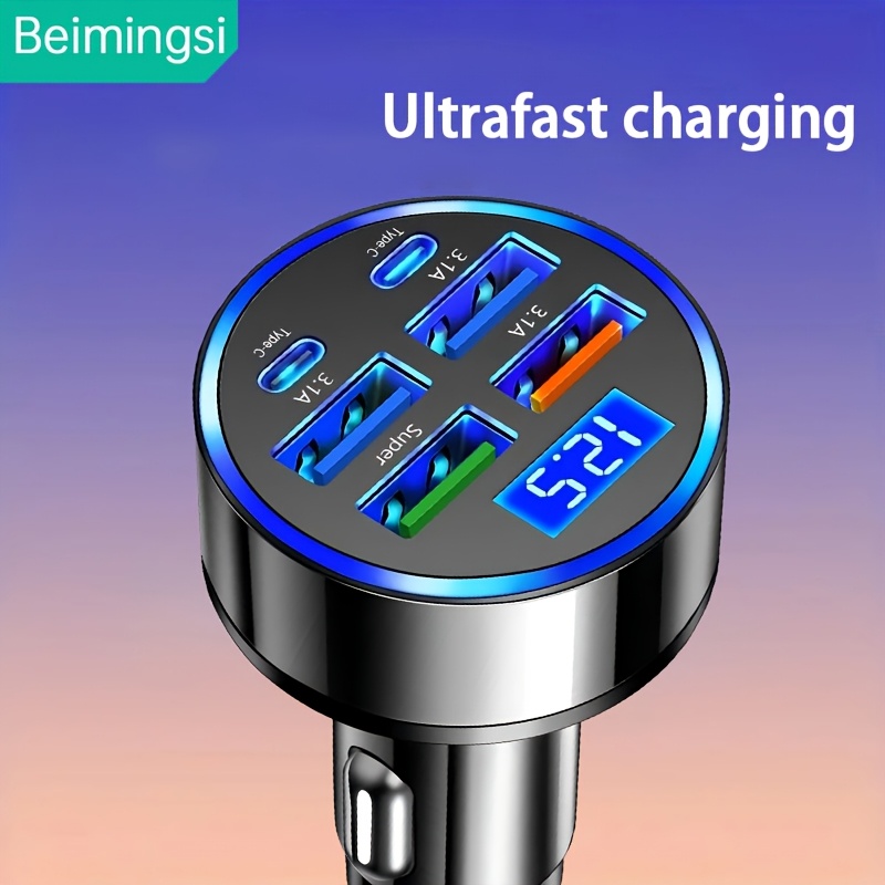 1 with 6 ultra-fast mobile phone charger, intelligent voltage detection digital display, suitable for USB and Type-C, car charger adapter, car charger