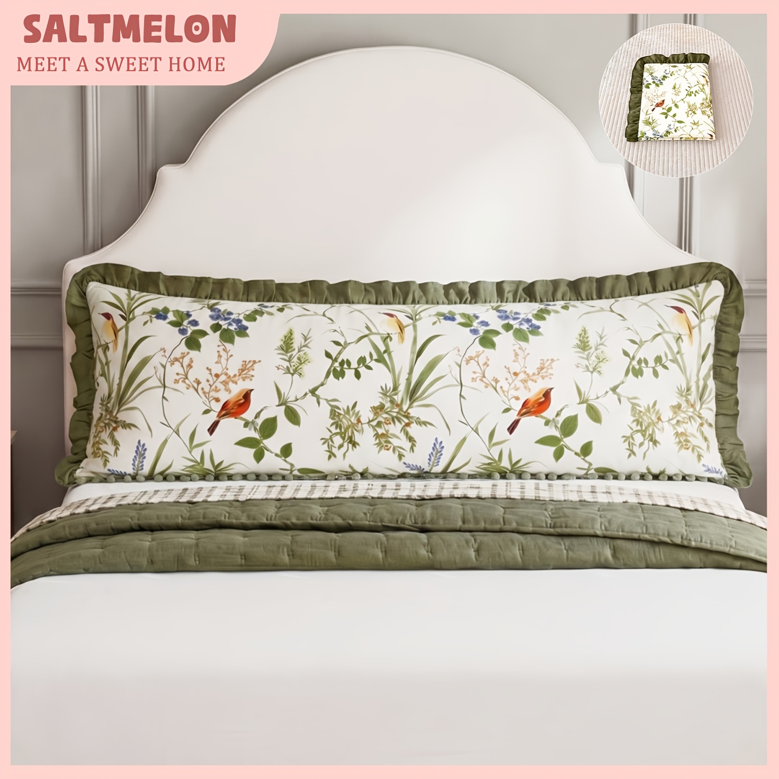 Temu – TEMU 1pc Green Branch Bird Perch Floral Lace Long Pillowcase, Style Single Bedding, Microfiber Breathable Bedding, Body Pillowcase, Suitable For