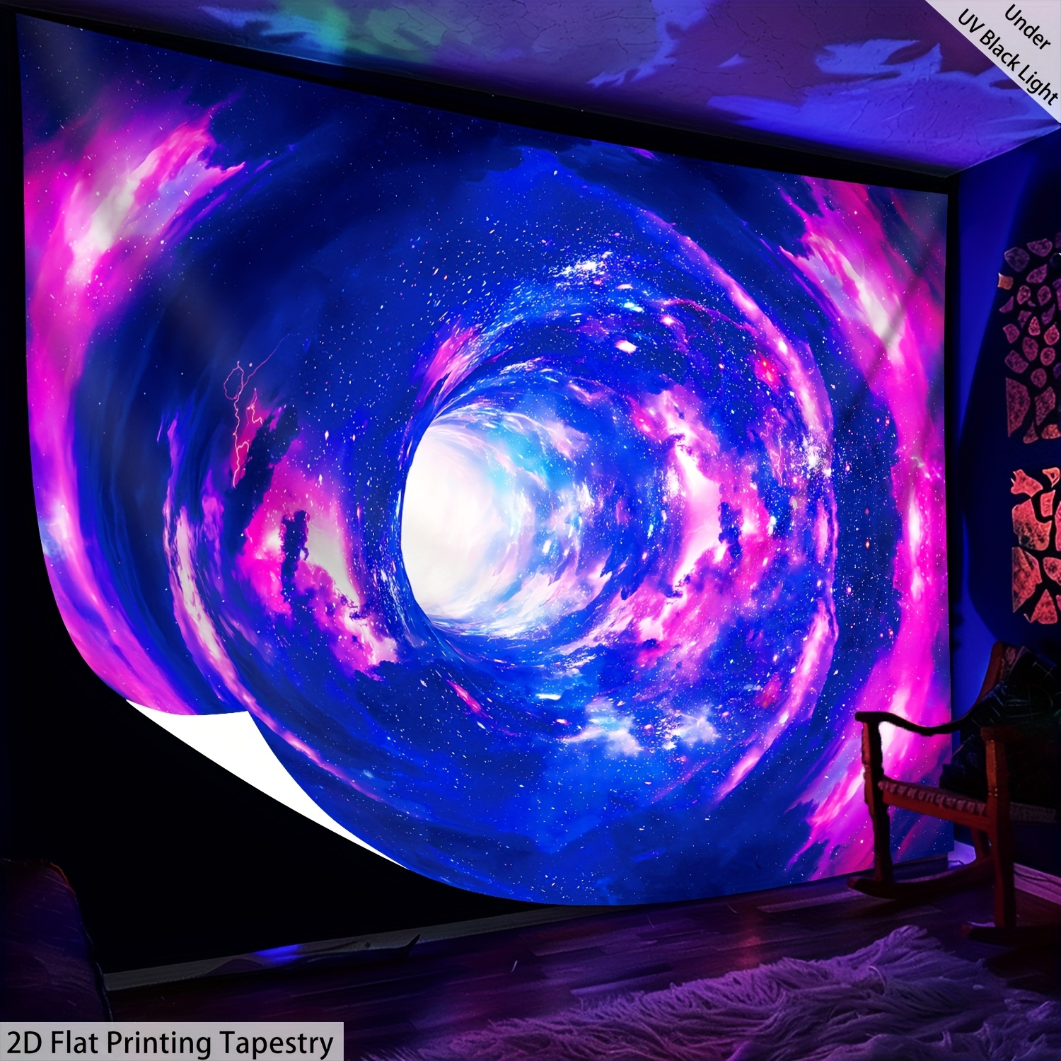 Image of 2d Flat Printing Tapestry - 1pc - Glow In The Uv Light Tapestry, Large Scale Fluorescent Printed Tapestry, Suitable For Bedroom, Office, Living Room, Home Decoration, Installation Free