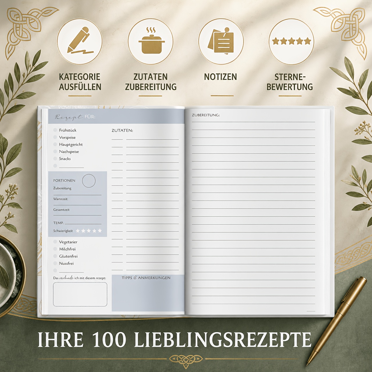 Image of Biroyal Blank Recipe Book Refill, 100 Recipes Notebook, Hot Stamping Golden Binding Recipe Book