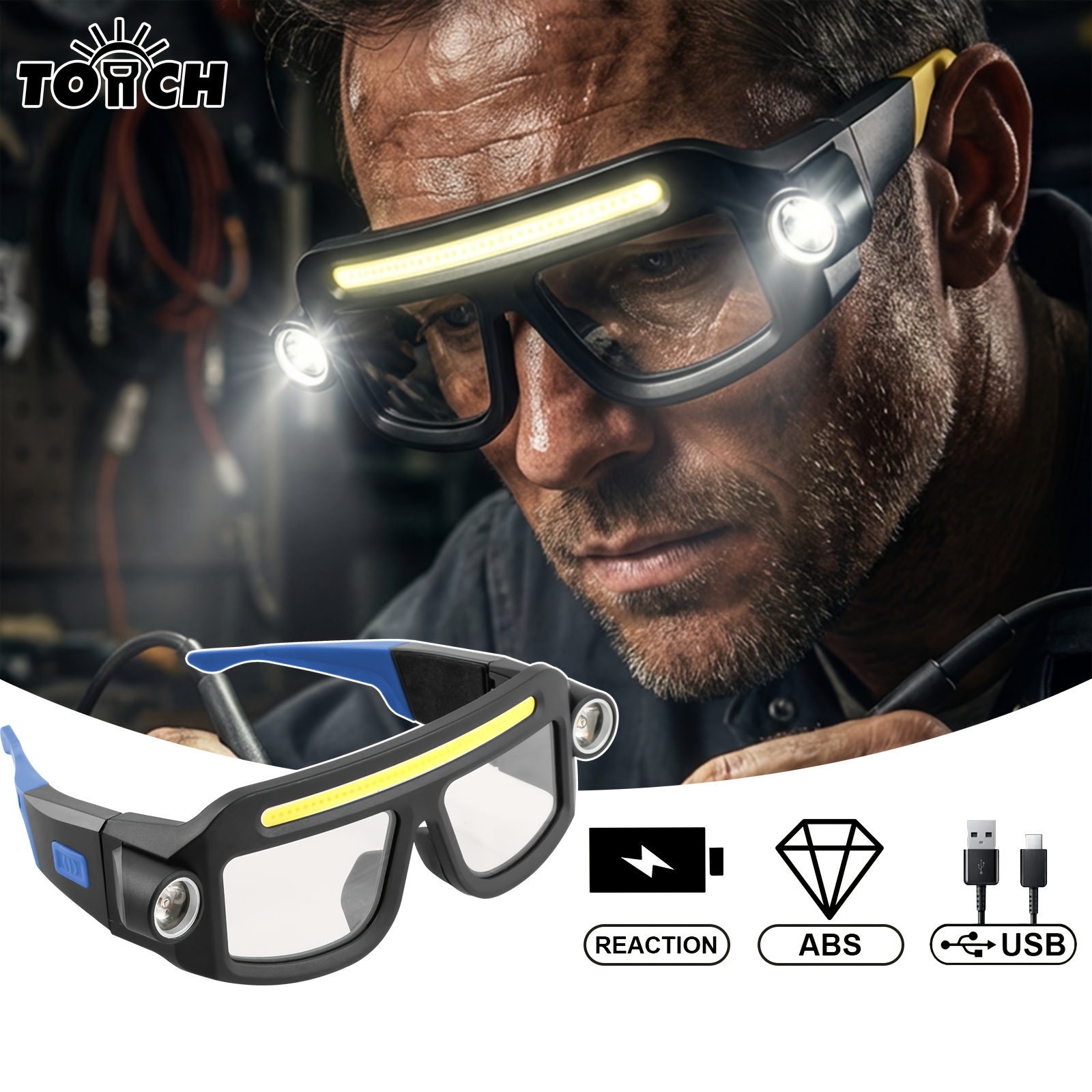 Gafas de seguridad LED con luz, gafas faro recargables, gafas de trabajo manos libres con linternas laterales, gafas protectoras COB de alto brillo para camping, senderismo, pesca, reparación, correr de noche, trabajo al aire libre, gafas de seguridad iluminadas ligeras y ajustables para mecánicos