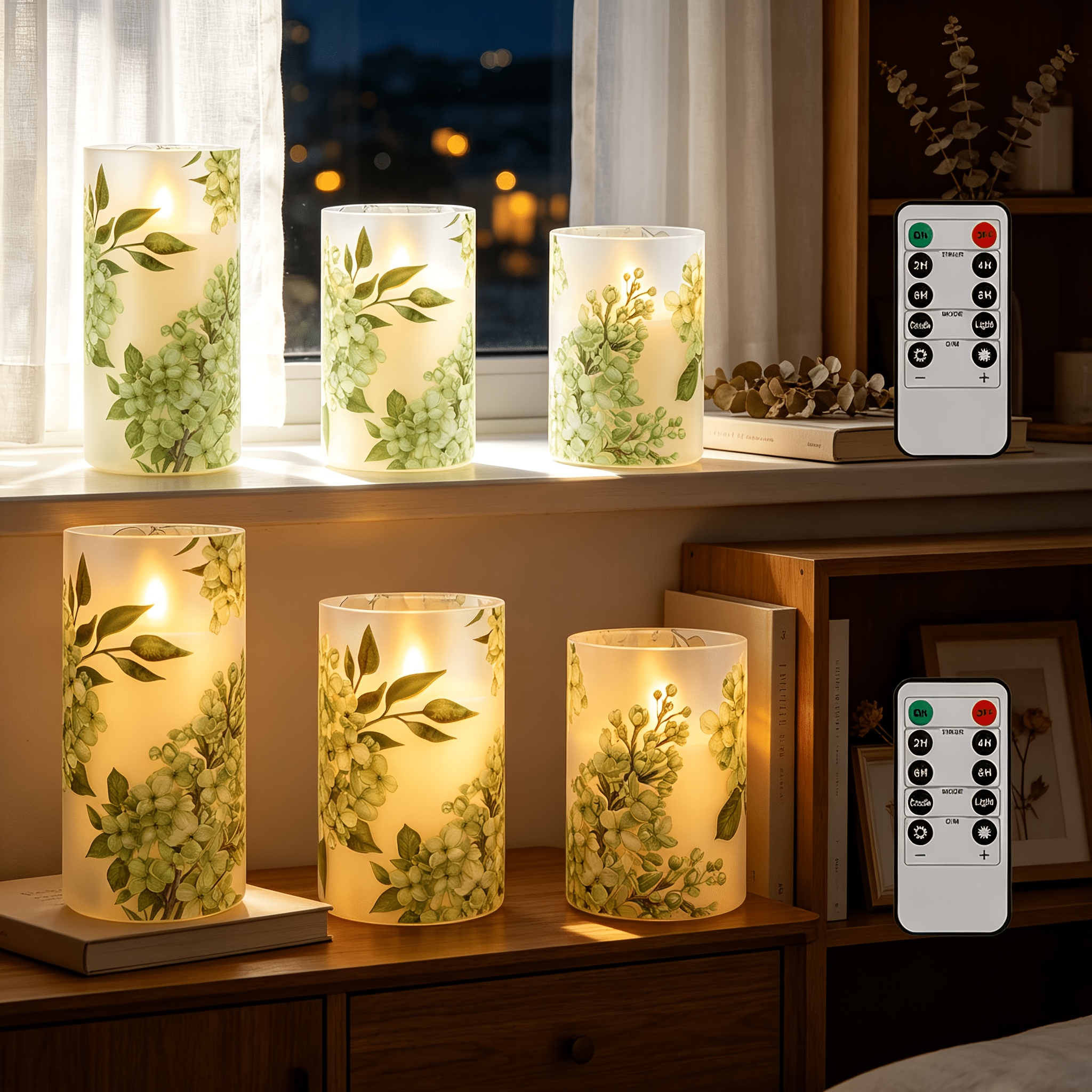 TEMU 6pcs Led Flameless Candles With 2 Remotes, Green Leaf Acrylic Pillar Candles, Flickering Electronic Candles For Home Decorationnoon