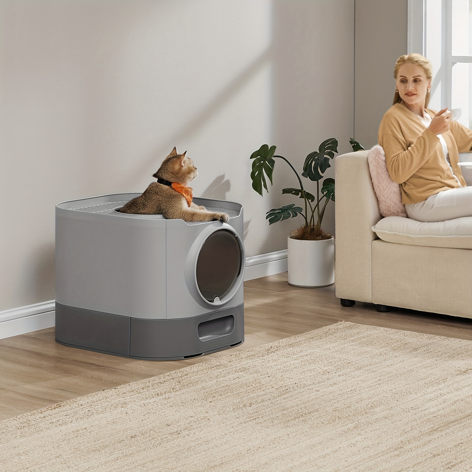 Image of Extra Large Covered Cat Litter Box With , Includes A Removable Tray, Scoop, And Brush, Designed To Prevent Tracking, Suitable For Cats Of Sizes