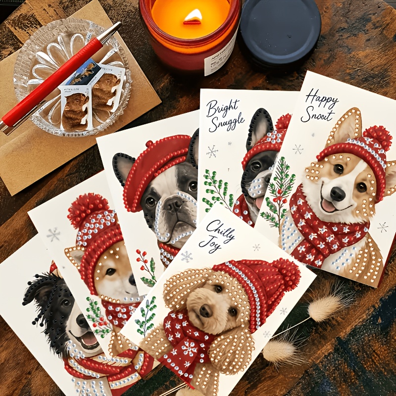 TEMU New 6pcs Cute Christmas Puppy Diamond Painting Greeting Card Set, Diy Round Rhinestone Painting Card Handmade Kit, 18cm*12cm/7.09in*4.72in.