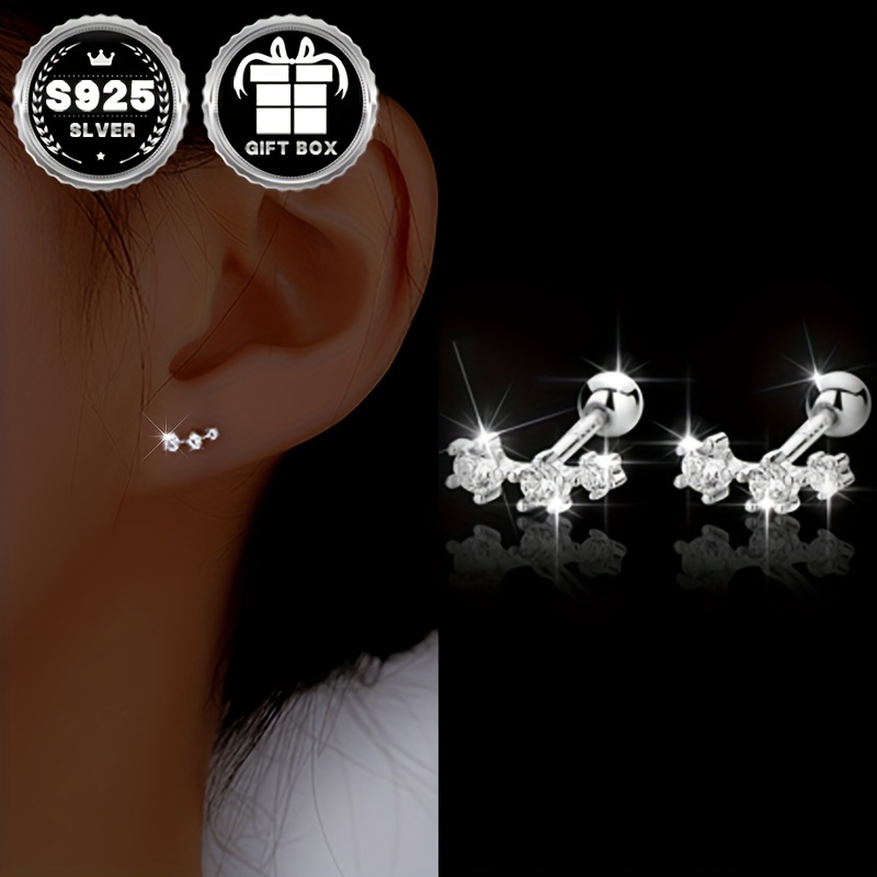 

Vana Elegant 925 Sterling Silver Stud Earrings With Zircon, Trio Cluster Design, Screw Back, Hypoallergenic For Daily Wear - 2pcs