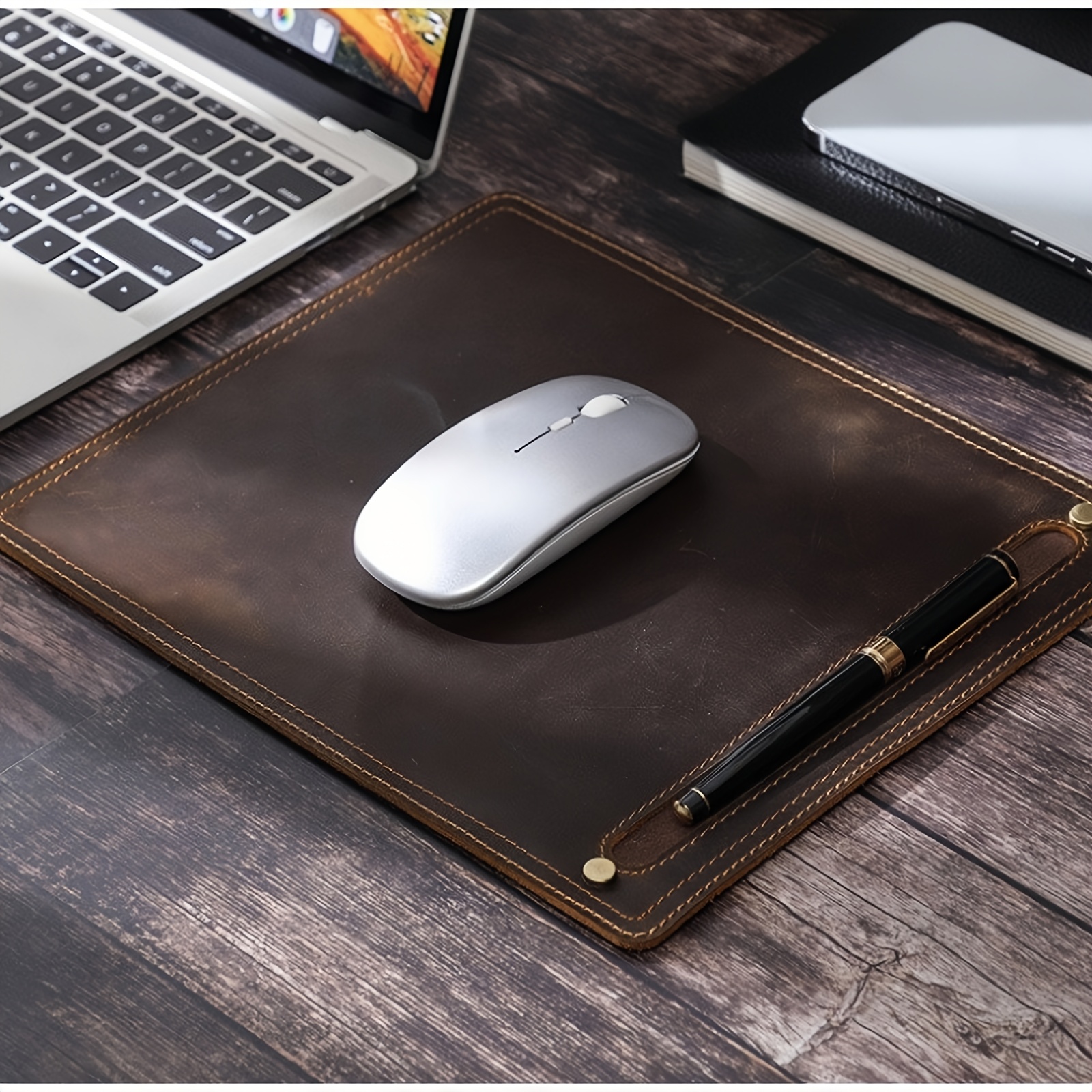 Handcrafted Top-grain Cowhide Mouse Pad - 27.94x22.86 cm Non-slip Genuine Dermis Office Mat with Pen Slot, Ergonomically Designed Computer Accessory Suitable for Office and Study Environments.