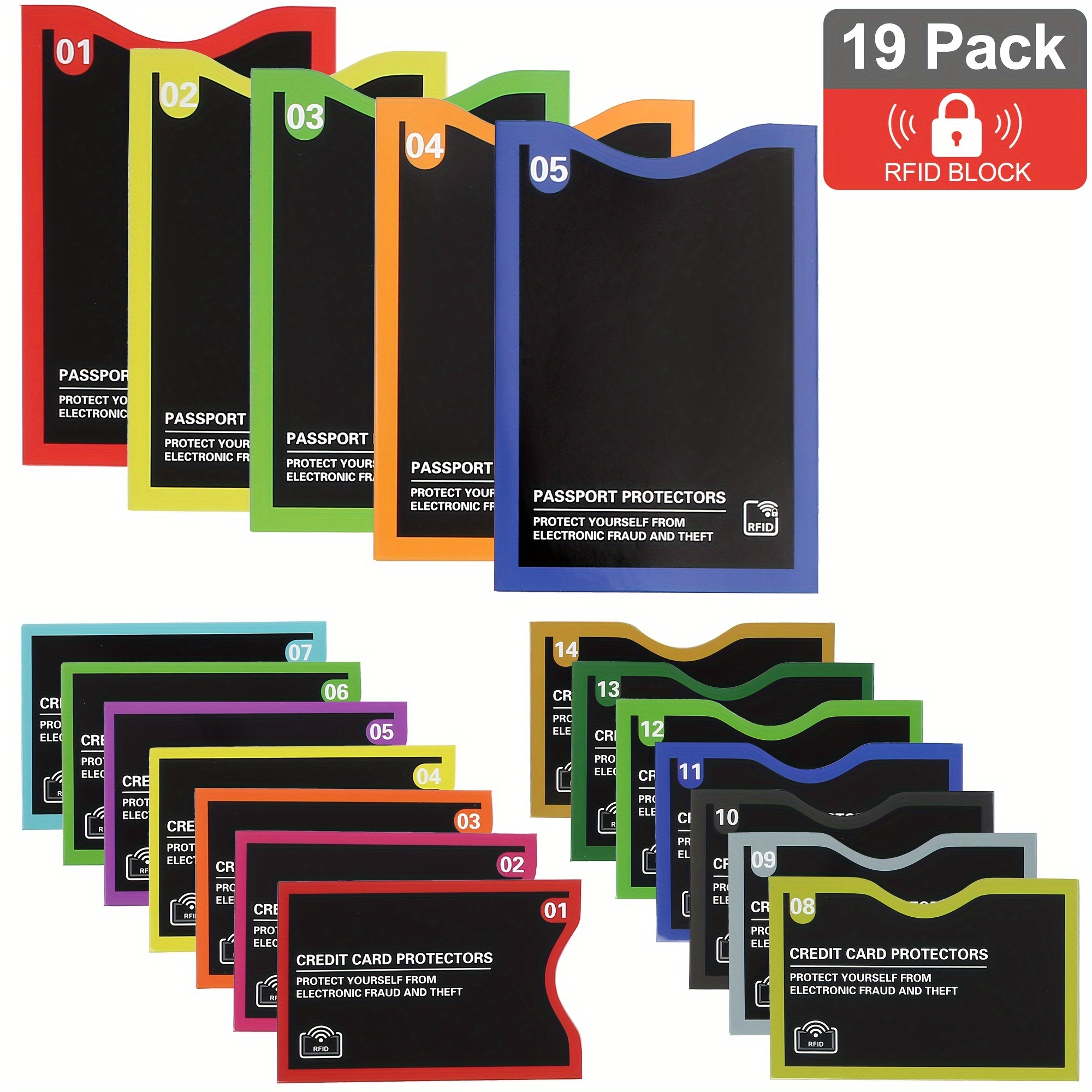 

19 Pack Rfid Blocking Sleeve 14 Credit Card Holder And 5 Passport Protector Holder Sleeves Identity Theft