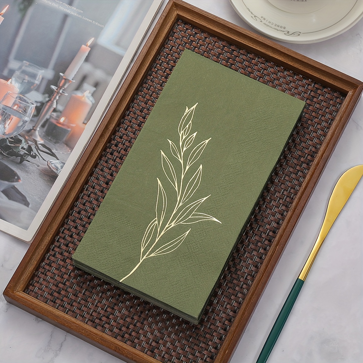 Image of 20pcs Sage Green Leaf Hot Foil Tissue, 13x15.75 Inches, 2-ply Paper Napkins For Wedding, Bridal Shower, Birthday, Anniversary - Seasonal Decor For Dining & Coffee Shop, Wedding Napkins