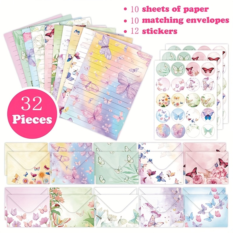 E-shop 32-teiliges Aquarell-Schmetterlings-Botanik-Briefumschlag-Set, Kreatives Hochwertiges Ästhetisches Briefpapier, Inklusive 10 Umschläge + 10