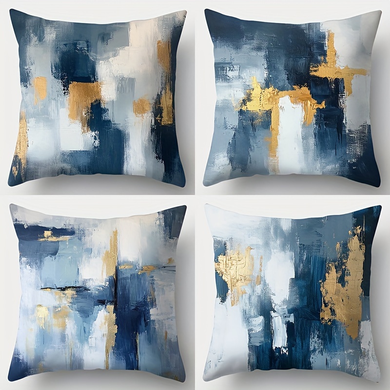 

4pcs Set Blue & Golden Abstract Throw Pillow Covers, 17.72" Square - Soft Polyester, Zip Closure, Machine Washable For Living Room & Bedroom Decor