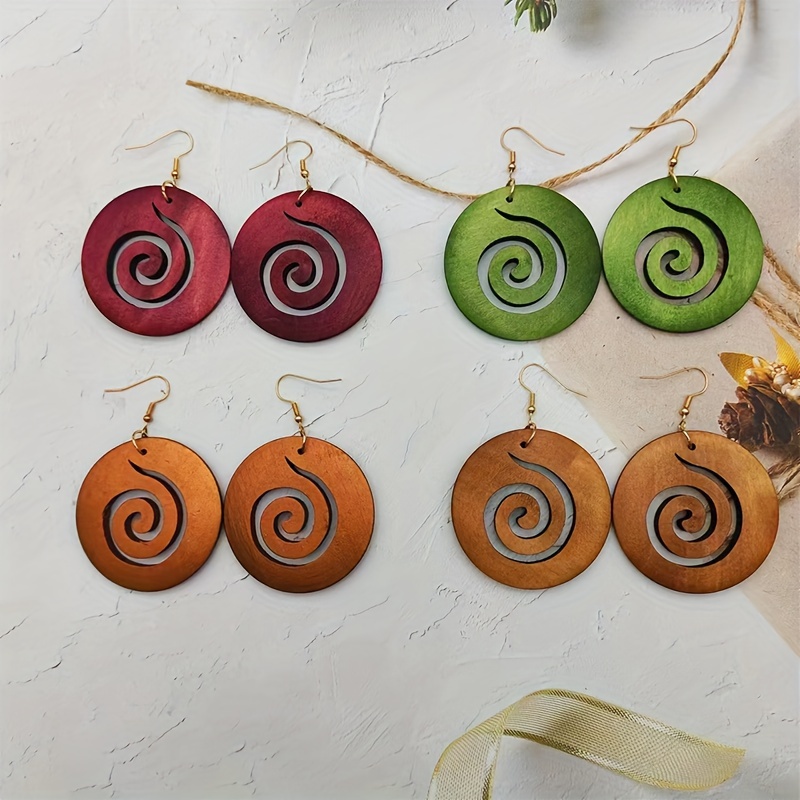 

4 Pairs/ Set Colorful Round Shape Hollow Spiral Pattern Dangle Earrings Boho Simple Style Wooden Jewelry Trendy Female Gift