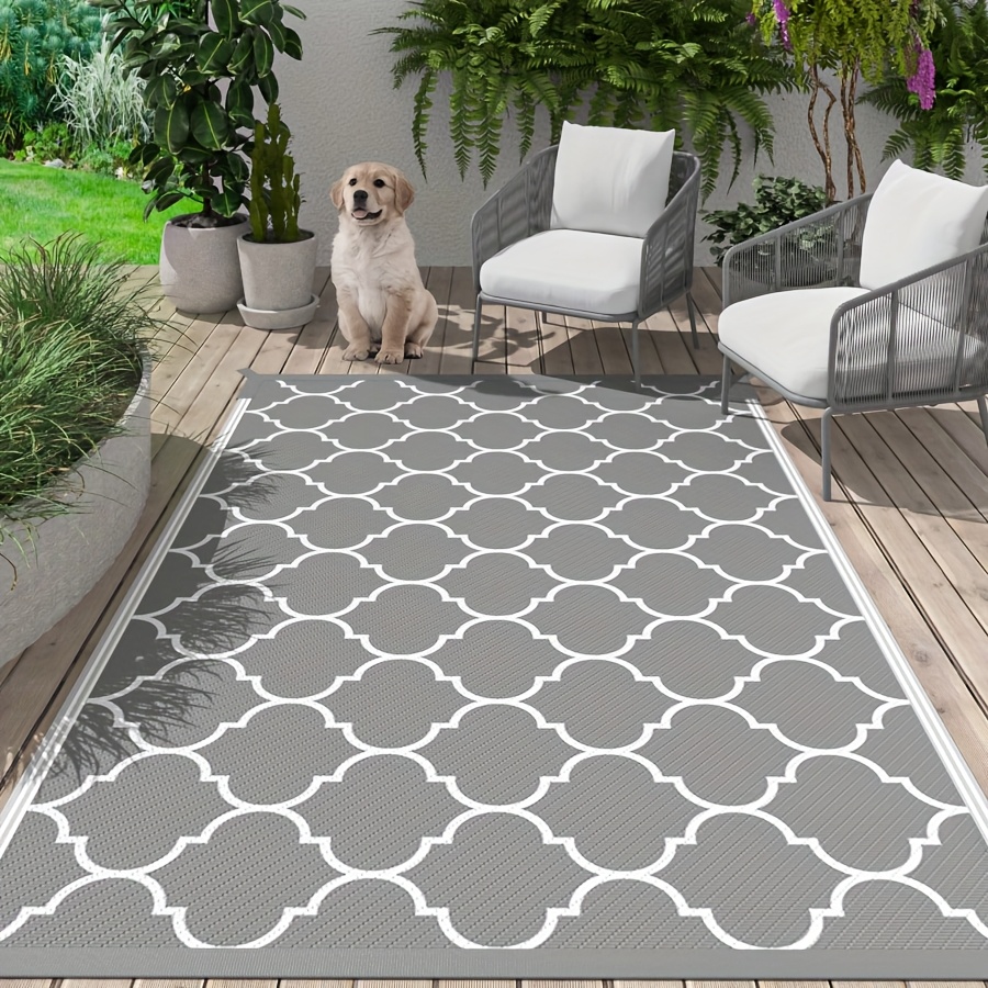 extra large reversible outdoor mat foldable plastic straw mat with geometric grey pattern weather resistant easy clean for patio deck rv camping beach outdoor area rugs for patio high quality patio decor modern decor accessory polypropylene material