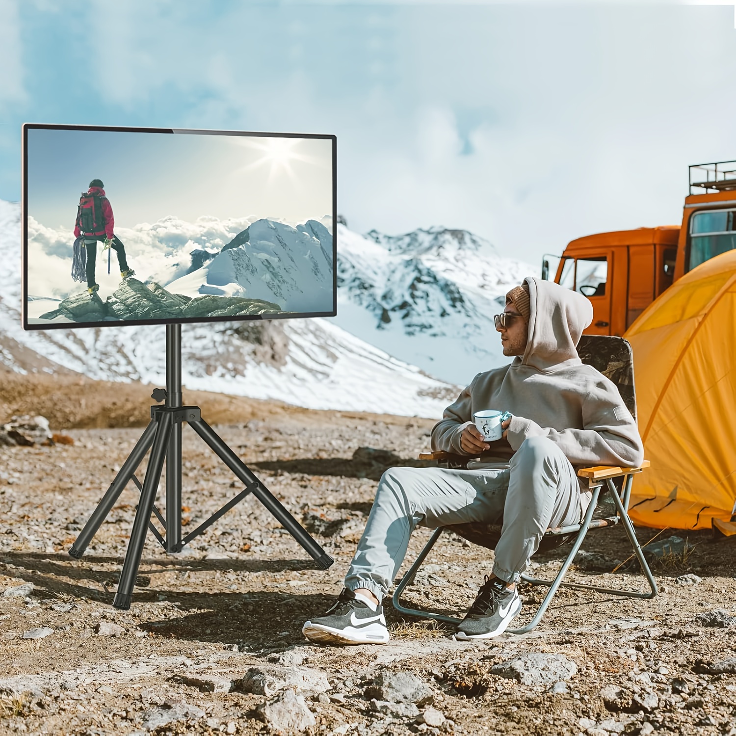 adjustable height portable tv stand - heavy-duty metal tripod tv mount with sturdy base, compatible with flat panel tvs up to 139.7 cm, lightweight & stable for outdoor, home, camping, rv, patio, indoor/outdoor use - easy setup no tools needed, outdoor entertainment,  , durable construction, home  , camping gear, spacesaving design,   materials,   0