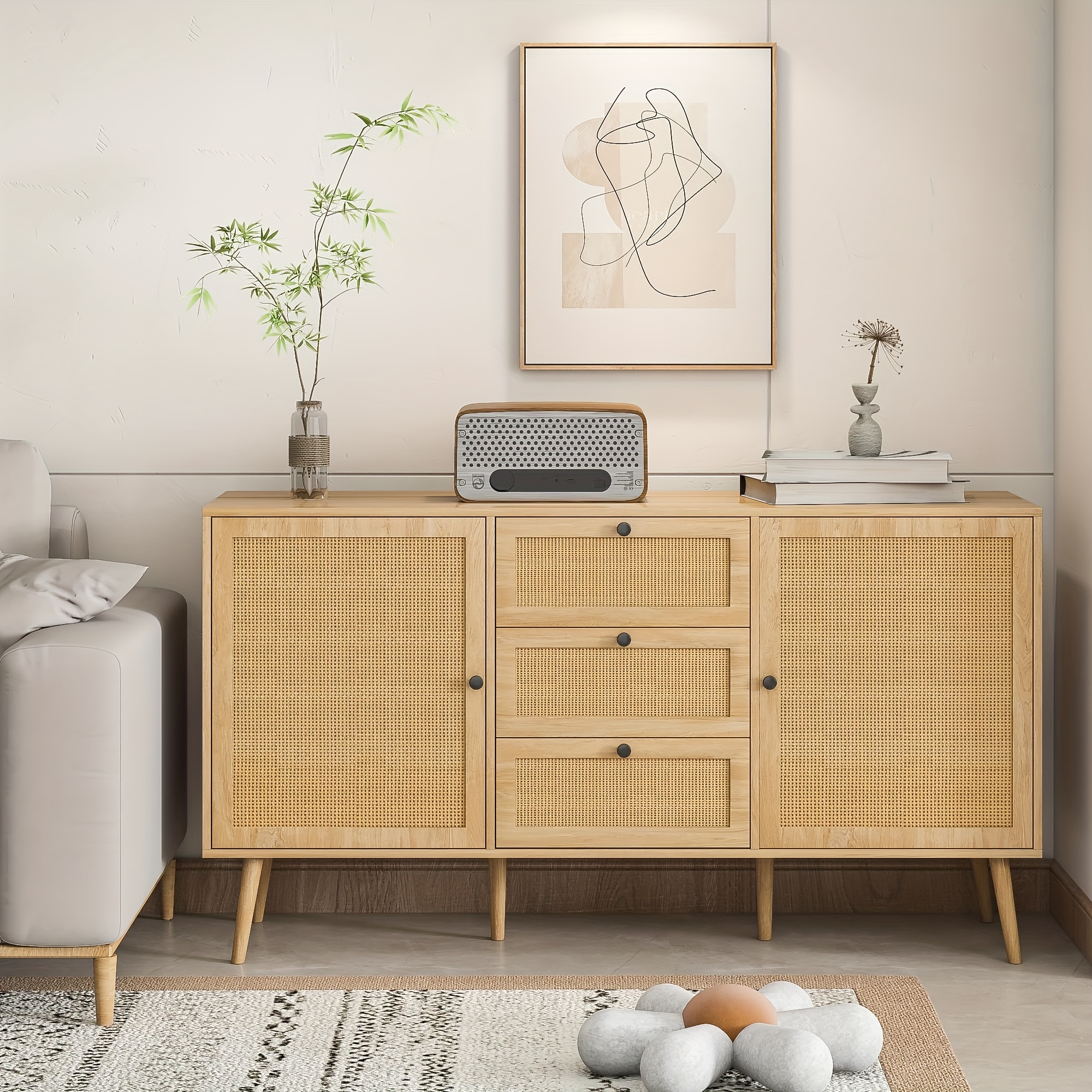 

Rattan Sideboard Buffet Cabinet With Storage, Cabinet With 2 Doors And Adjustable Shelves, Rattan Accent Cabinet With 3 Drawers For Living Room, Kitchen, Dining Room, Entryway