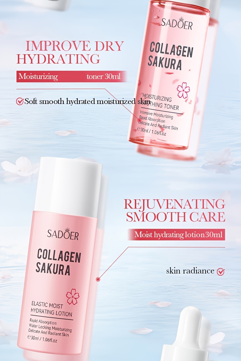 Set de călătorie hidratant cu colagen Sakura, 6 bucăți. Conține demachiant, toner, loțiune, ser, cremă de ochi, cremă de față. Set de îngrijire a pielii feței. Hidratează, netezește, face pielea moale și delicată.