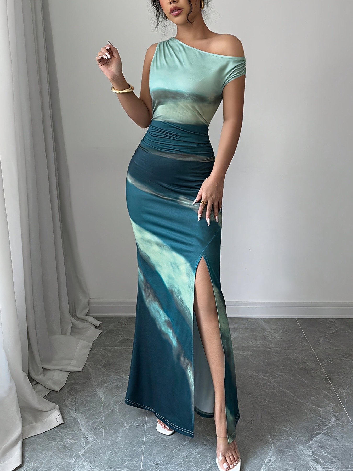 knee length dresses for ladies Donna Asymmetric Neckline Midi Dress Plum – Girl In Mind main image 0