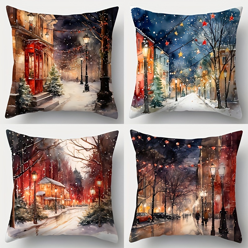 

Festive Christmas Night Sky 4pcs Cushion Cover Set - Single-sided Print, 17.7" X 17.7", Polyester, Zip Closure - Perfect For Sofa & Home Decor, Covers Only